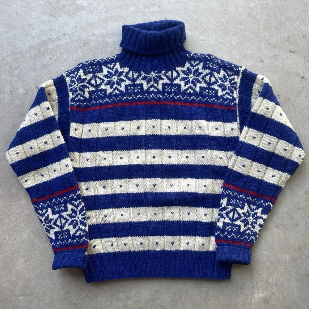 Vintage Polo Ralph Lauren Blue Nordic Fair Isle‎ Sweater Hand Knit Wool Sz M